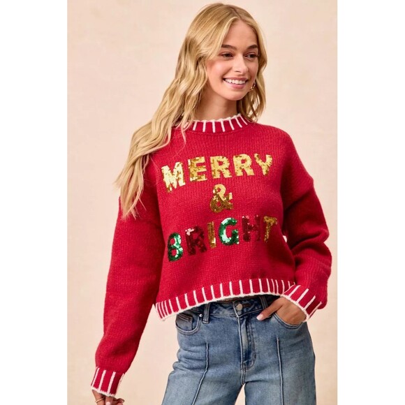 BiBi Christmas Theme Sequin Lattering Sweater NWT - Picture 2 of 16